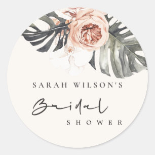 STICKER ROND BOHO RUST BLUSH MONSTERA FLEUR BRIDAL SHOWER