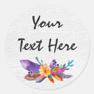 Sticker Rond Boho Rustique Chic Crystal Gems Plumes Aquarelle