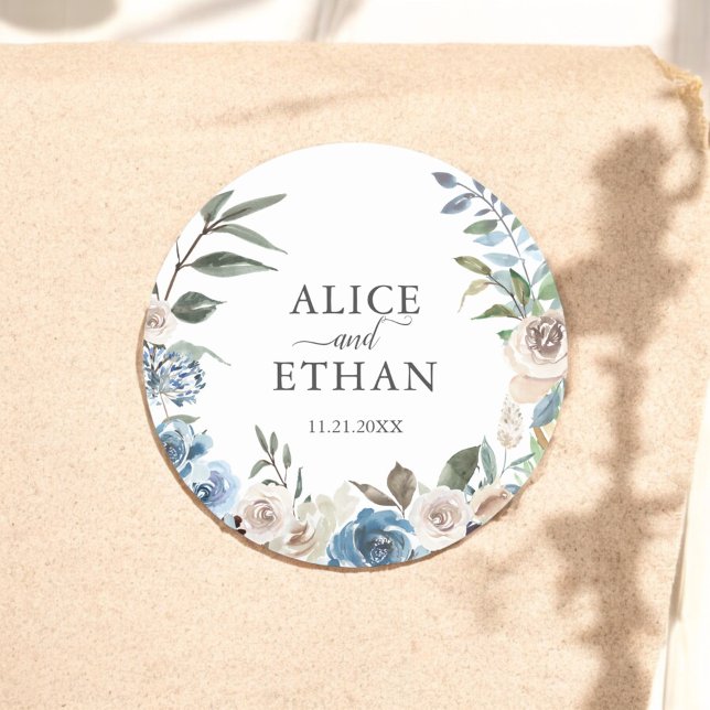Sticker Rond Boho Rustique Dusty Blue Flowers Mariage (Créateur téléchargé)