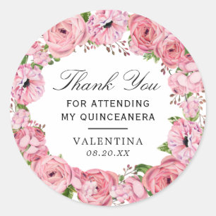 Sticker Rond Boho Rustique rose Floral Quinceanera Merci