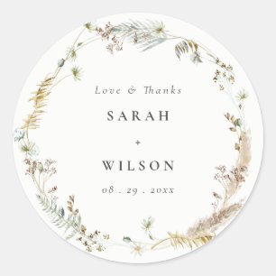 Sticker Rond Boho Sec Palm Pampas Grass Floral Wreath Mariage