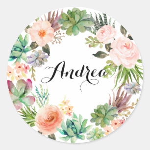 Sticker Rond Boho Succulents Floral Wreath Personnalisé