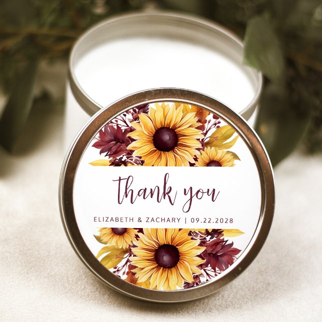 Sticker Rond Boho Sunflower Bourgogne Floral Mariage Merci (Créateur téléchargé)
