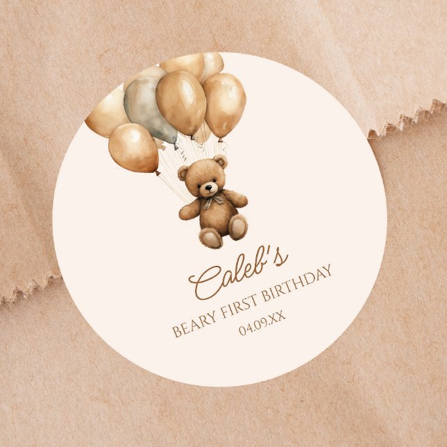 Sticker Rond Boho Teddy Bear Beary Premier anniversaire fête (Créateur téléchargé)