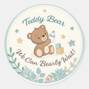 Sticker Rond Boho Teddy Bear Bleu Bearly Wait Baby shower
