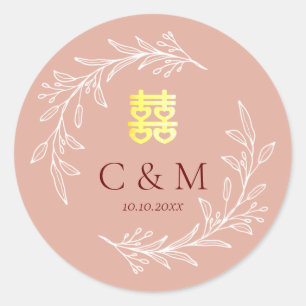 Sticker Rond Boho teintée feuille rose wreath moderne mariage c