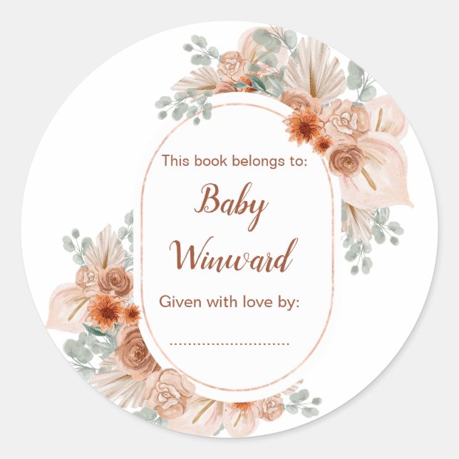 Sticker Rond Boho Terracotta Pampas Baby shower en herbe (Devant)