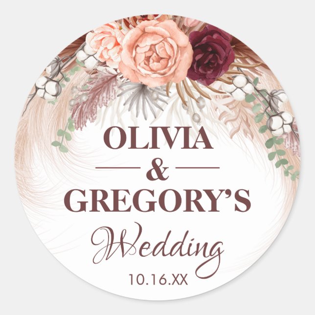 Sticker Rond Boho Terracotta Pampas Floral Bourgogne Mariage (Devant)