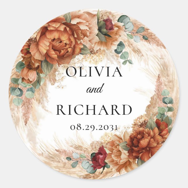 Sticker Rond Boho terracotta pampas verdure cuivre floral (Devant)