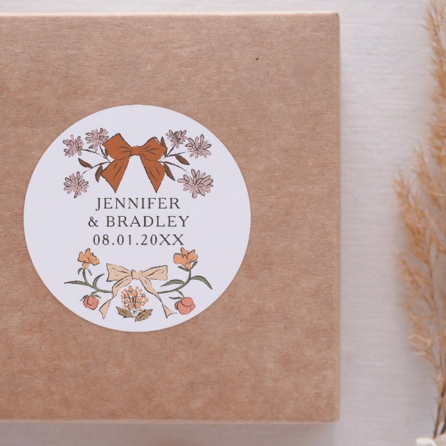 Sticker Rond Boho Terracotta Ribbons Floral Wedding Favoriser (Créateur téléchargé)