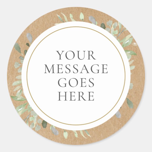 Sticker Rond Boho Végétal Kraft Rustique Votre Message (Devant)
