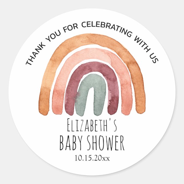 Sticker Rond Boho Watercolor Rainbow Baby shower Merci Clas (Devant)