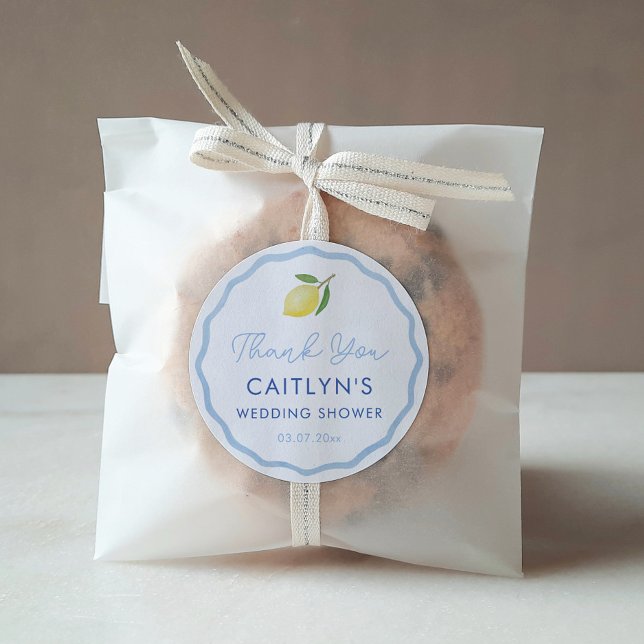 Sticker Rond Boho Wavy Line Citrus Lemon Wedding shower Favoris (Boho pale blue wavy border with watercolor lemon circular favor thank you sticker)