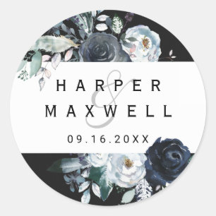 Sticker Rond Boho White Navy Peony Aquarelle Mariage noir
