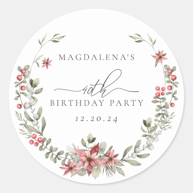Sticker Rond Boho Winter Greenery Red Floral 40e anniversaire (Devant)