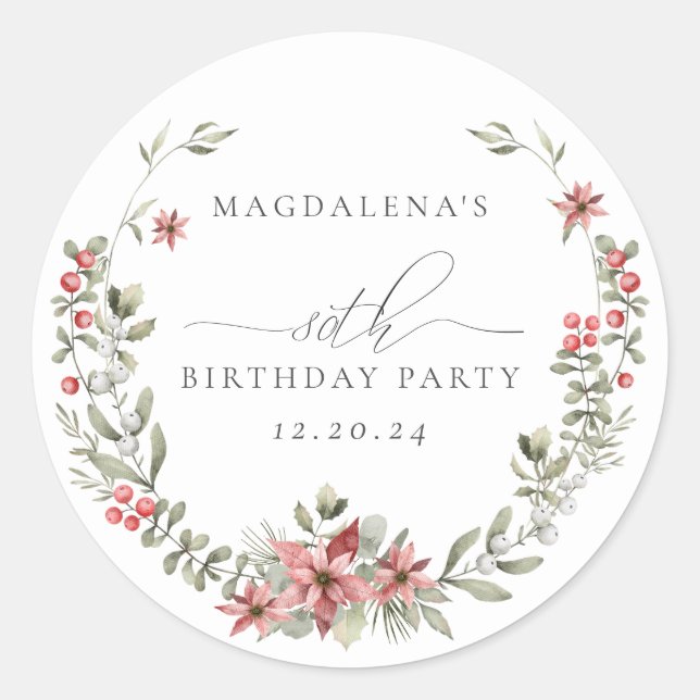 Sticker Rond Boho Winter Greenery Red Floral 80e anniversaire (Devant)