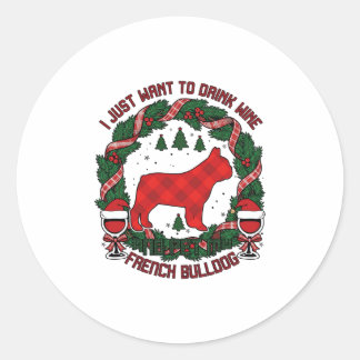 Sticker Rond Boire du vin Bouledogue français Chien carreau rou