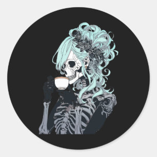 Sticker Rond Boire Skeleton Messy Bun Halloween Costume Girl