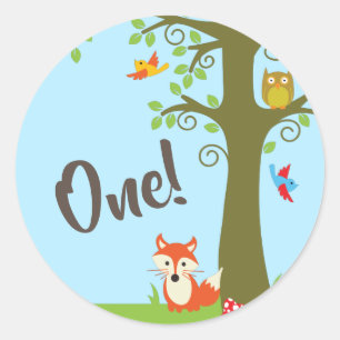 Sticker Rond Bois Animaux Anniversaire Cute Kids Forest Friends