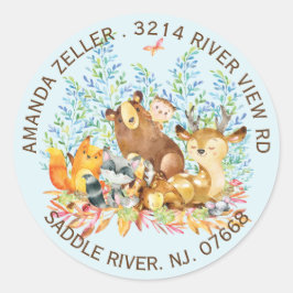 Sticker Rond Bois Animaux Baby shower Adresse de retour Étiquet