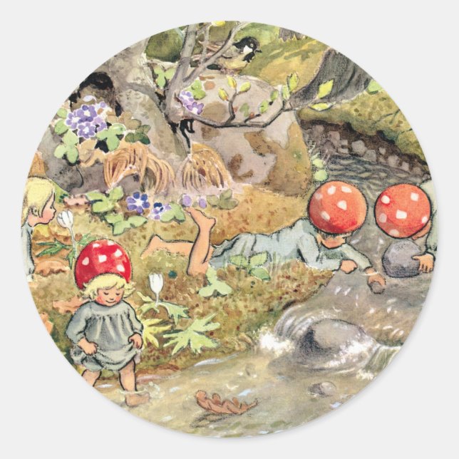 Sticker Rond Bois Animaux et enfants Elsa Beskow (Devant)