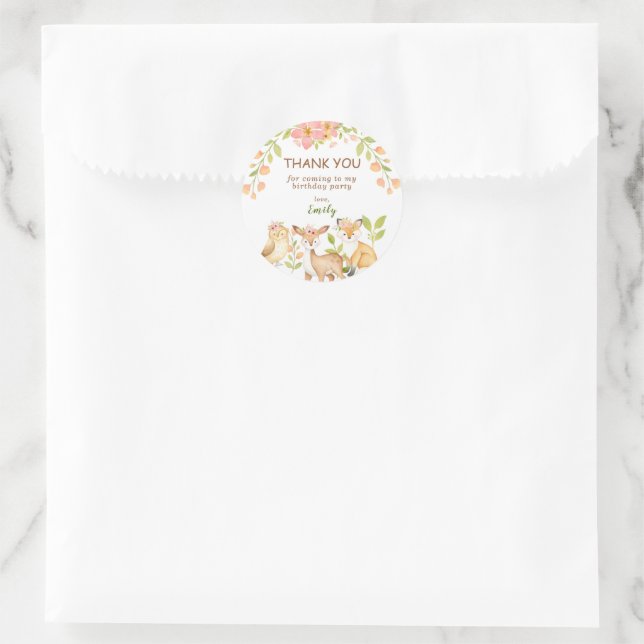 Sticker Rond Bois Animaux Floral Girl Anniversaire Merci (Sac)