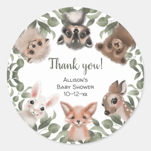 Sticker Rond Bois animaux forêt amis forêt baby shower mignon (Devant)