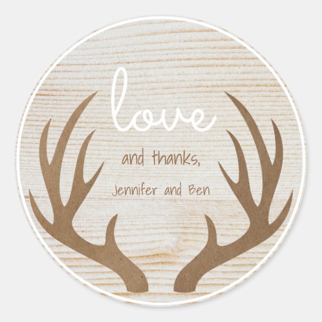 Sticker Rond Bois Arrière - plan Boho Antlers Amour et Merci (Devant)