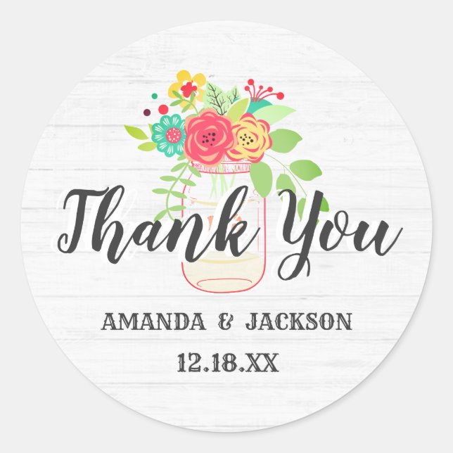 Sticker Rond Bois blanc rustique et Merci Mariage Mason (Devant)