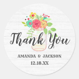 Sticker Rond Bois blanc rustique et Merci Mariage Mason