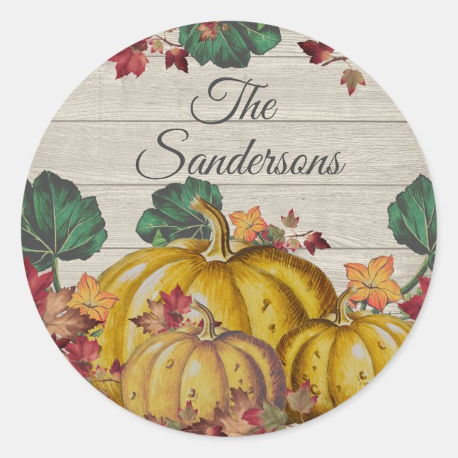 Sticker Rond Bois gris rustique Automne Citrouille orange Feuil (Devant)
