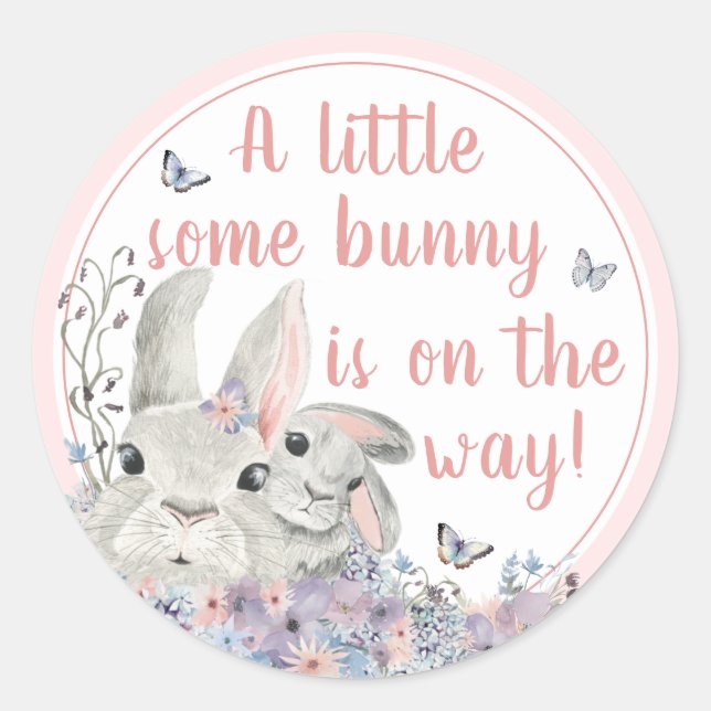 Sticker Rond Bois lapins Floral Baby shower rose (Devant)