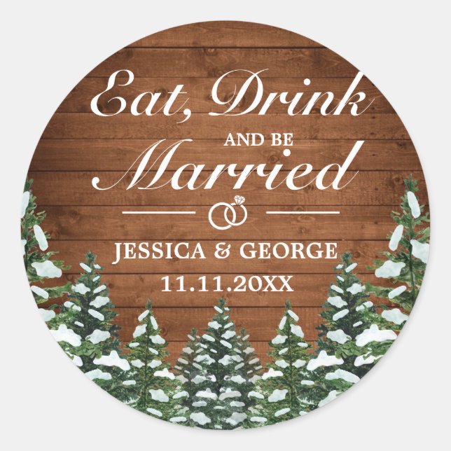 Sticker Rond Bois neigeux et pin de forêt Manger Boire Mariage  (Devant)