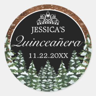 Sticker Rond Bois neigeux noir et pin Tiara Quinceanera