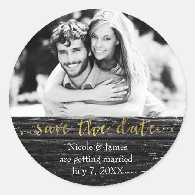 Sticker Rond Bois Noir SAUVER LA DATE Glam Rustique Mariage Pho (Devant)