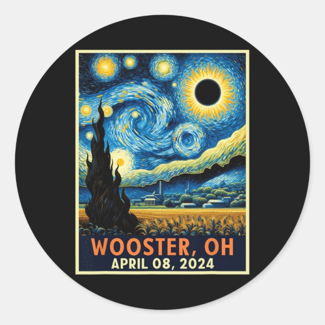Sticker Rond Bois Ohio Total Solaire Eclipse 2024 Nuit étoilée (Devant)