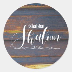 Sticker Rond Bois Patiné Shabbat Shalom, Bleu Foncé Or