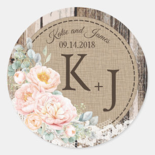 Sticker Rond Bois Peony Lace Rustique Monogramme Mariage Étique