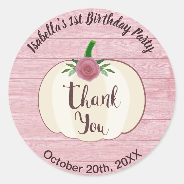 Sticker Rond Bois rose rustique Citrouille  Floral Merci (Devant)