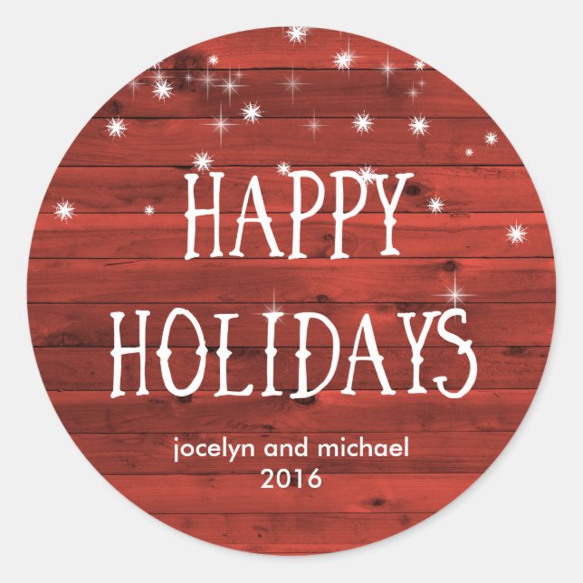 Sticker Rond Bois rouge rustique et neige | Joyeuses fêtes (Devant)