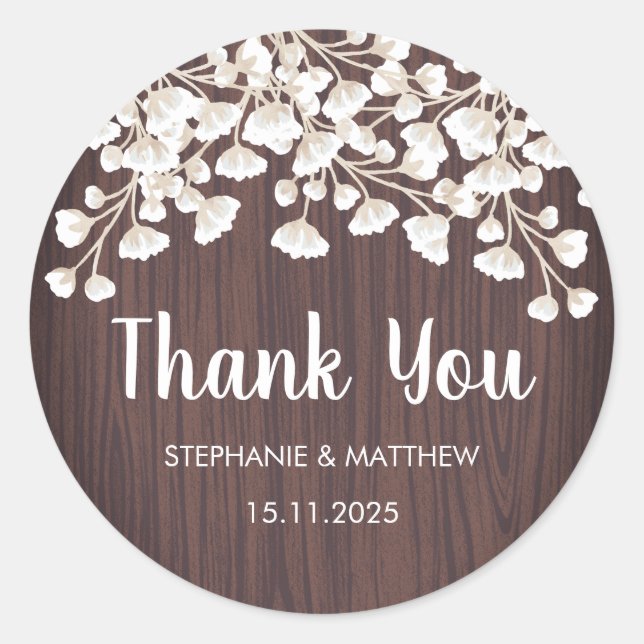 Sticker Rond Bois rustique Bébés Respirer Merci Floral Mariage (Devant)