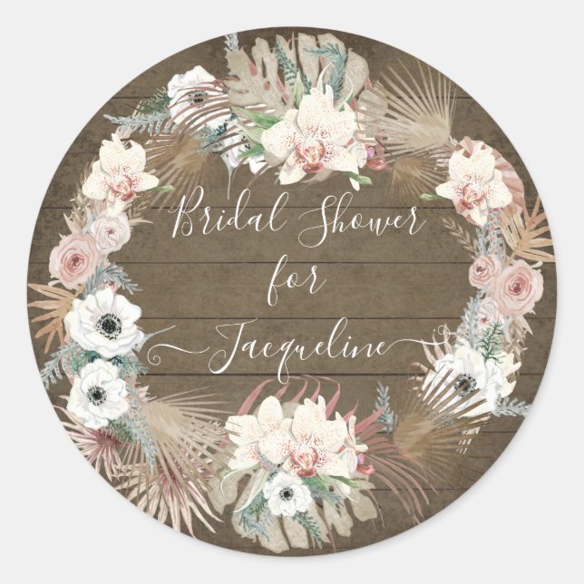 Sticker Rond Bois rustique Blanc Floral Palm Verdure Foliage (Devant)