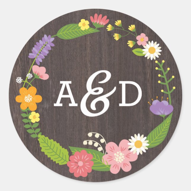 Sticker Rond Bois rustique Bohème Floral Mariage Wreath (Devant)