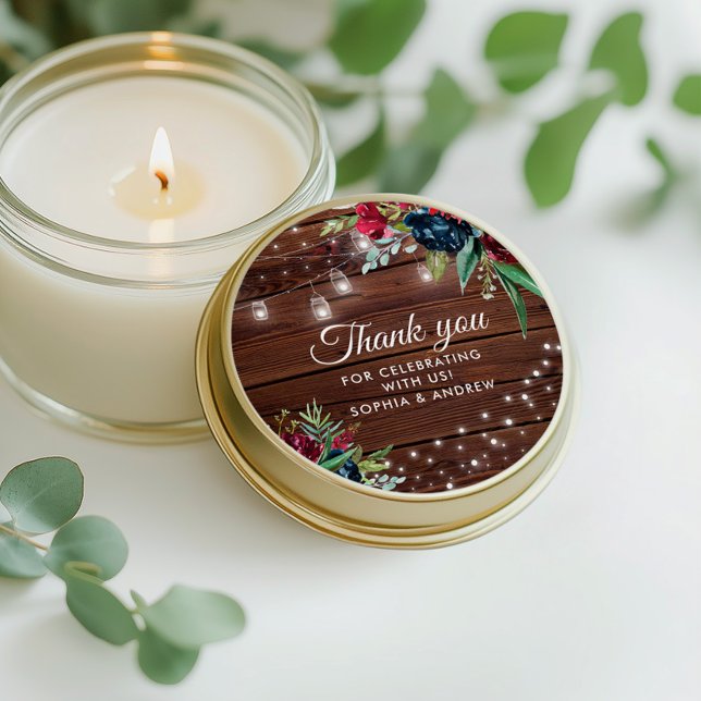 Sticker Rond Bois rustique Bourgogne Floral Lumières Mariage (Créateur téléchargé)