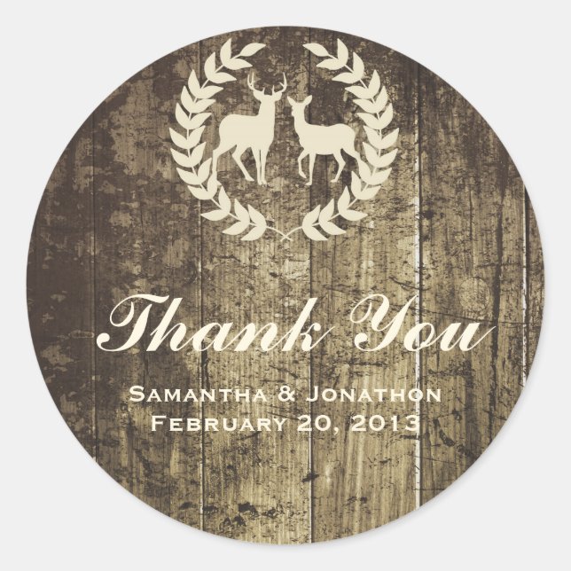 Sticker Rond Bois rustique Buck et cerfs Mariage Merci (Devant)