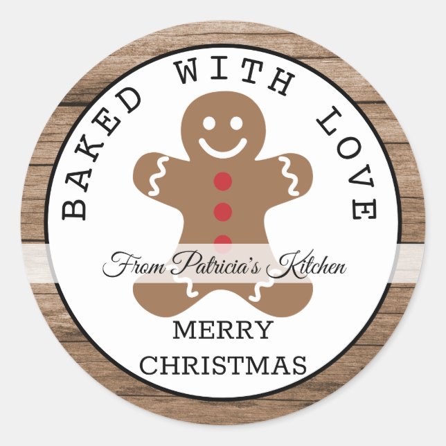 Sticker Rond Bois Rustique Cuit Avec Amour Cookies De Noël (Devant)