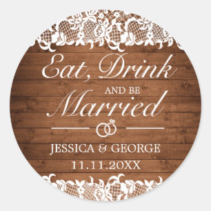 Sticker Rond Bois rustique & dentelle blanche Manger Boire Mari