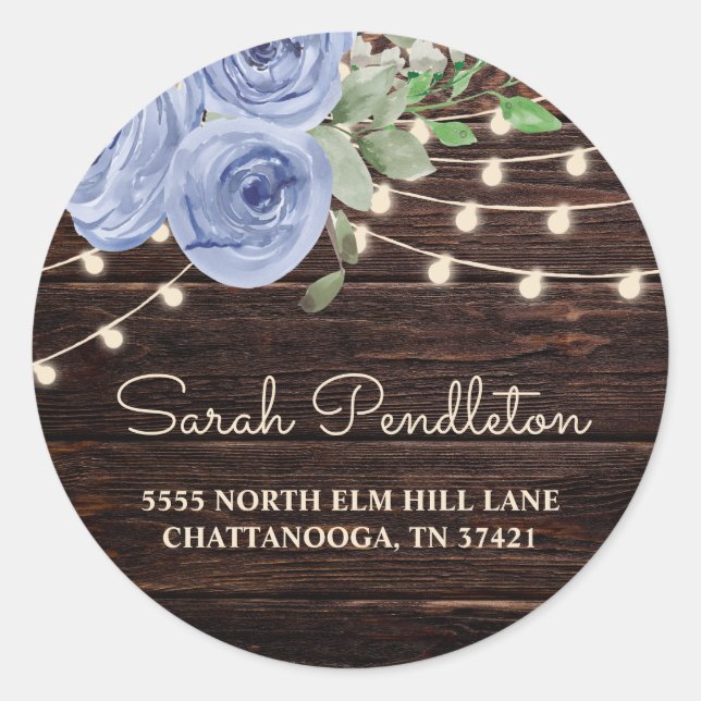 Sticker Rond Bois rustique Éclairage Blue Floral Adresse (Devant)