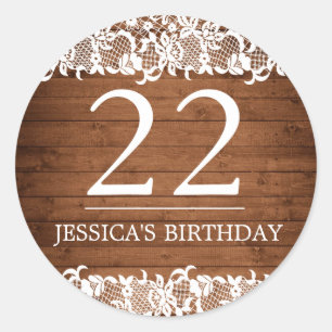 Sticker Rond Bois rustique et dentelle blanche Âge d'anniversai