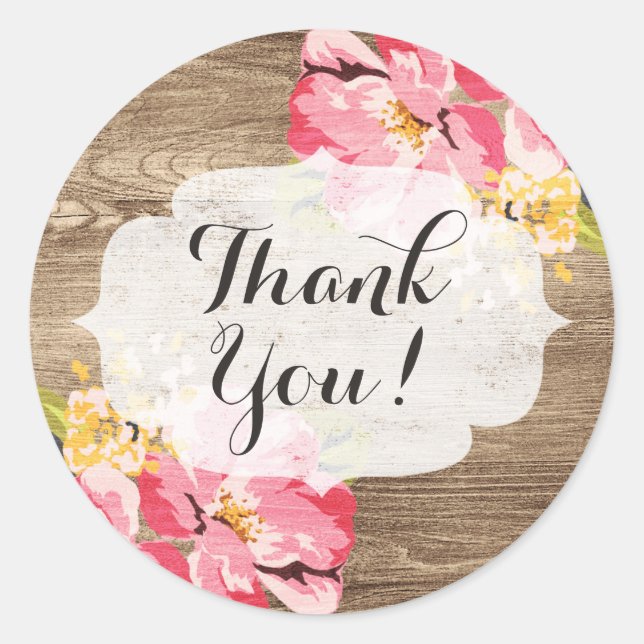 Sticker Rond Bois rustique et Merci Hibiscus rose peint (Devant)